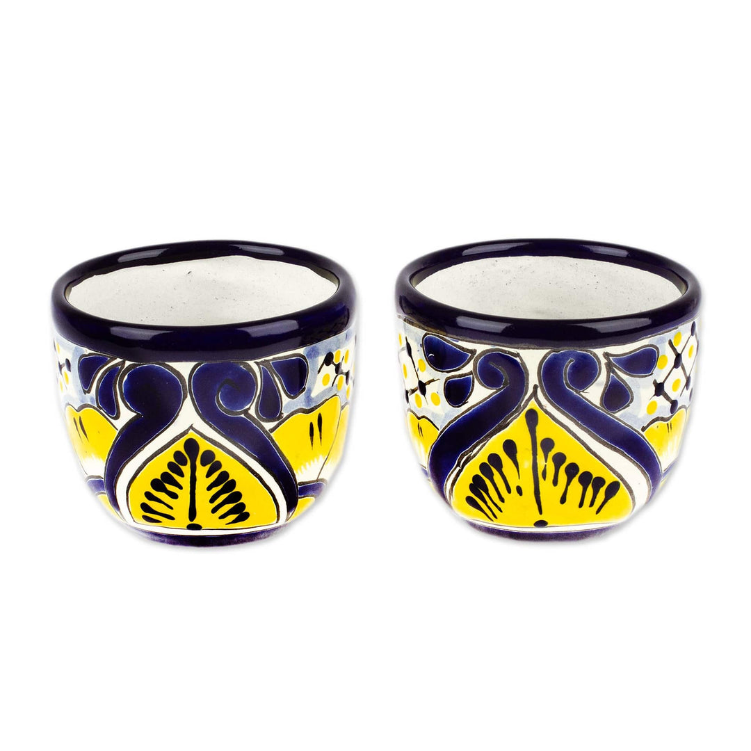 Talavera Style Floral Blue and Yellow Ceramic Mugs (Pair) - Yellow Blooms