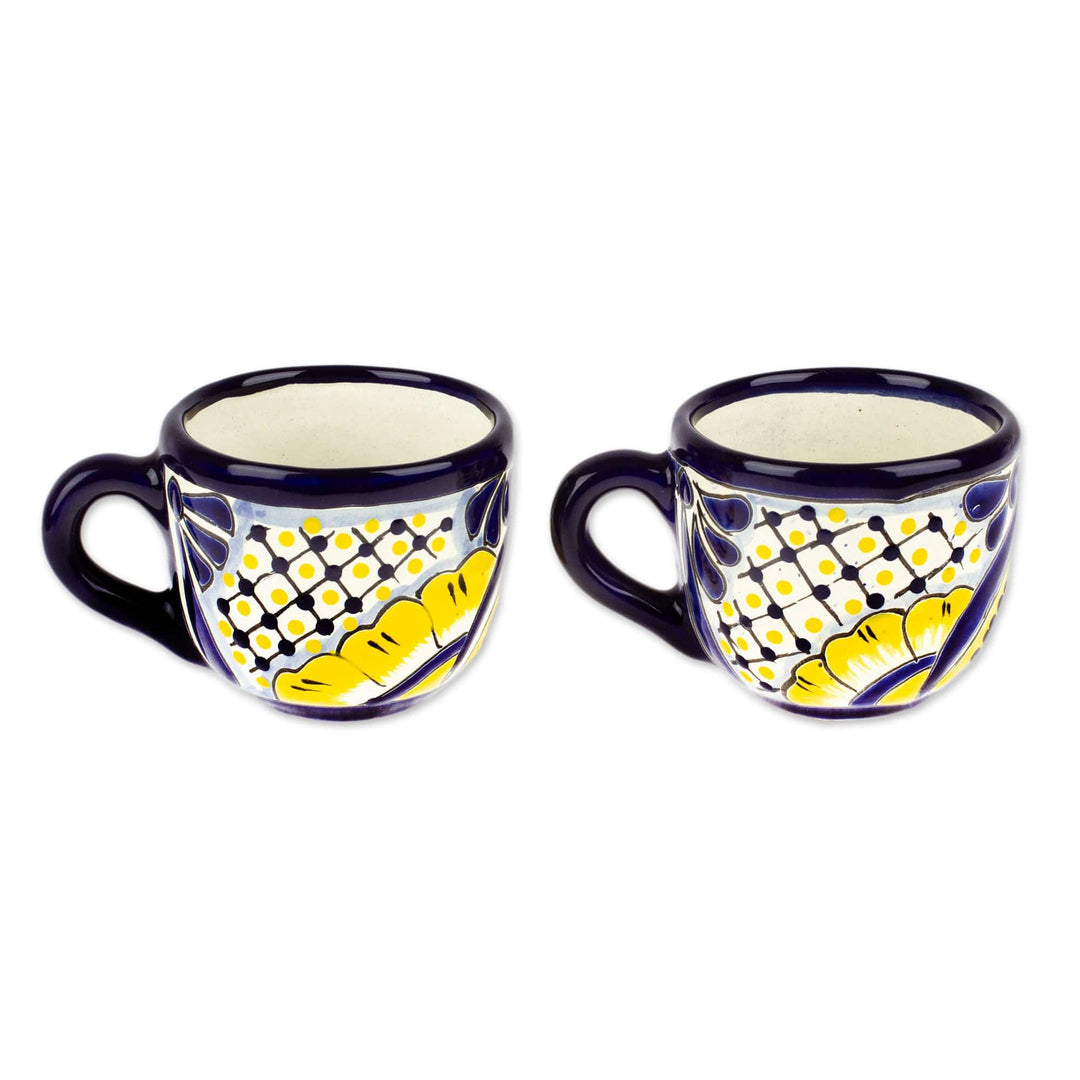 Talavera Style Floral Blue and Yellow Ceramic Mugs (Pair) - Yellow Blooms