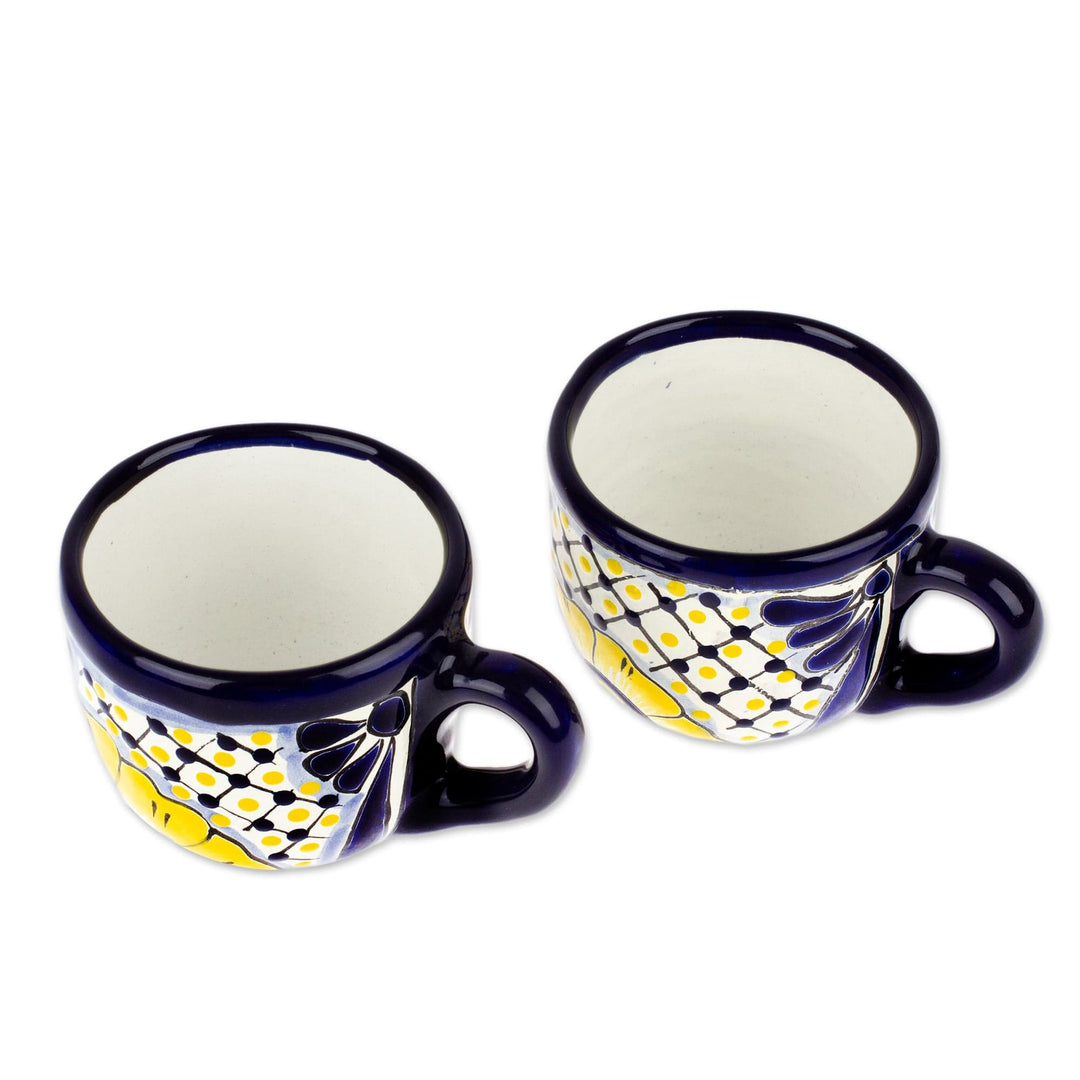 Talavera Style Floral Blue and Yellow Ceramic Mugs (Pair) - Yellow Blooms