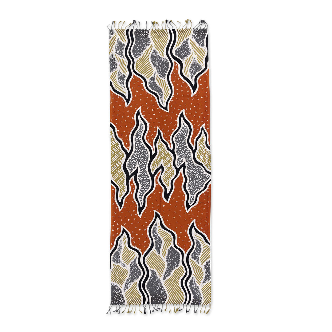 Handcrafted Batik Rayon Shawl in Orange and Grey Hues - Tropical Sunset