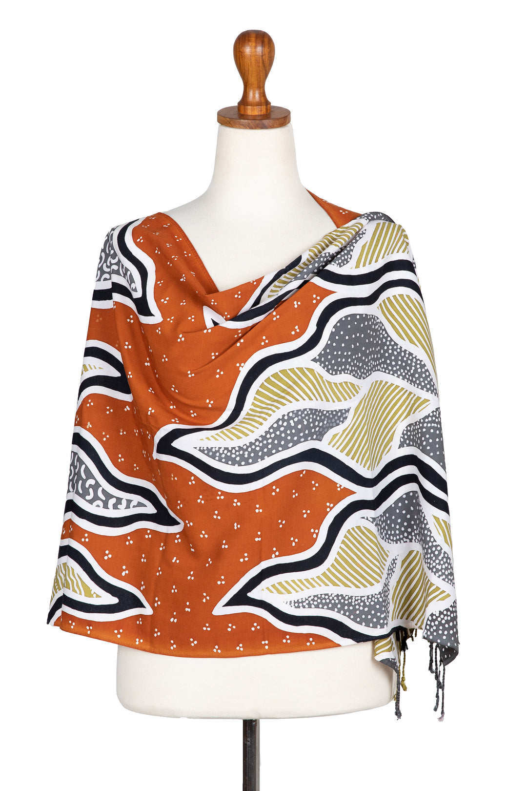 Handcrafted Batik Rayon Shawl in Orange and Grey Hues - Tropical Sunset