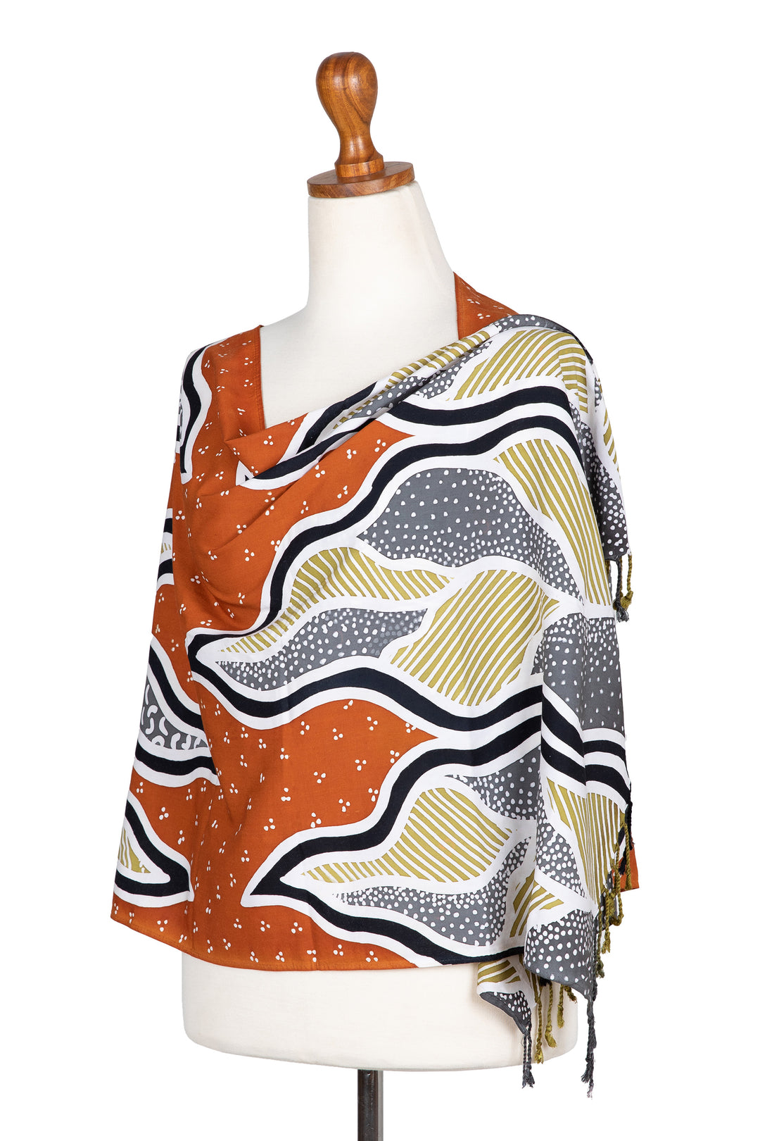 Handcrafted Batik Rayon Shawl in Orange and Grey Hues - Tropical Sunset