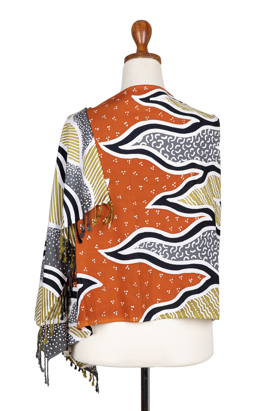 Handcrafted Batik Rayon Shawl in Orange and Grey Hues - Tropical Sunset