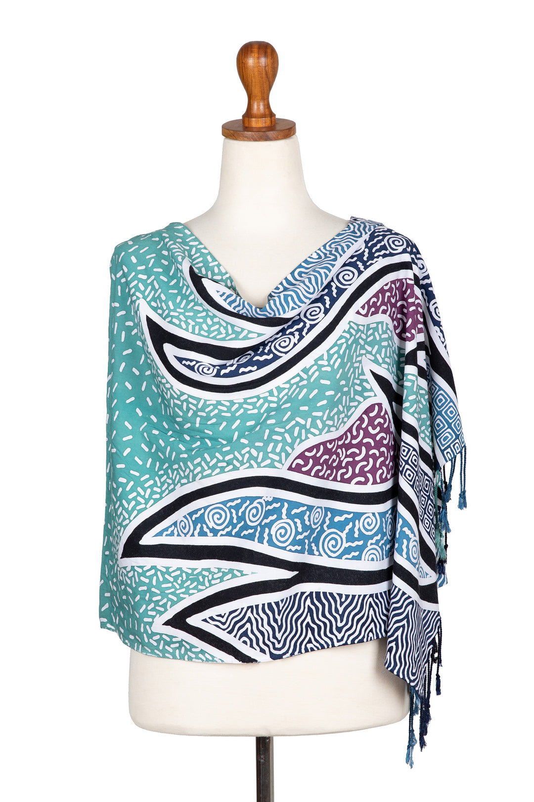 Handcrafted Green Batik Rayon Shawl with Wavy Motifs - Serene Waves