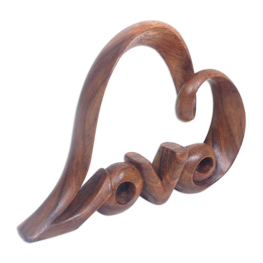 Hand-Carved Abstract Heart-Shaped Suar Wood Sculpture - Love Whisper