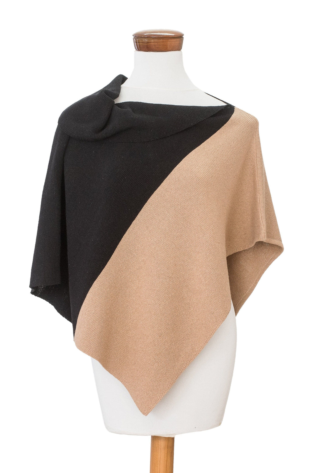 Hand-Loomed Black & Tan Cotton Poncho with Fold-Over Collar - Guatemalan Sunrise