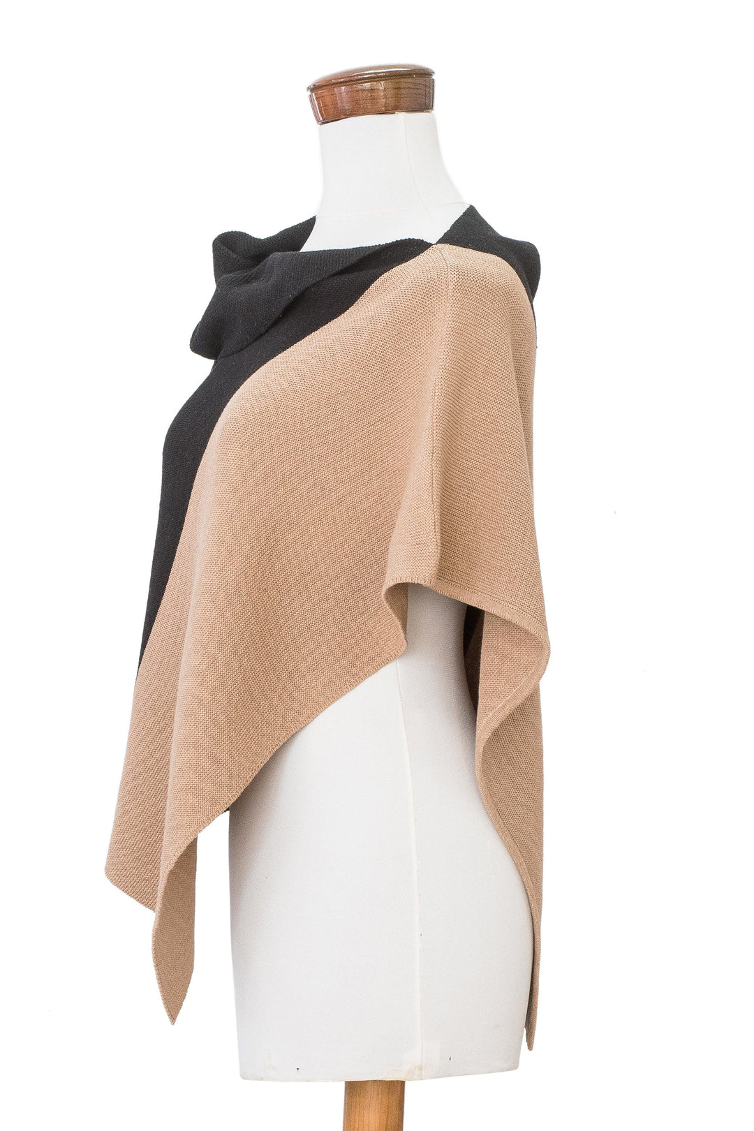 Hand-Loomed Black & Tan Cotton Poncho with Fold-Over Collar - Guatemalan Sunrise