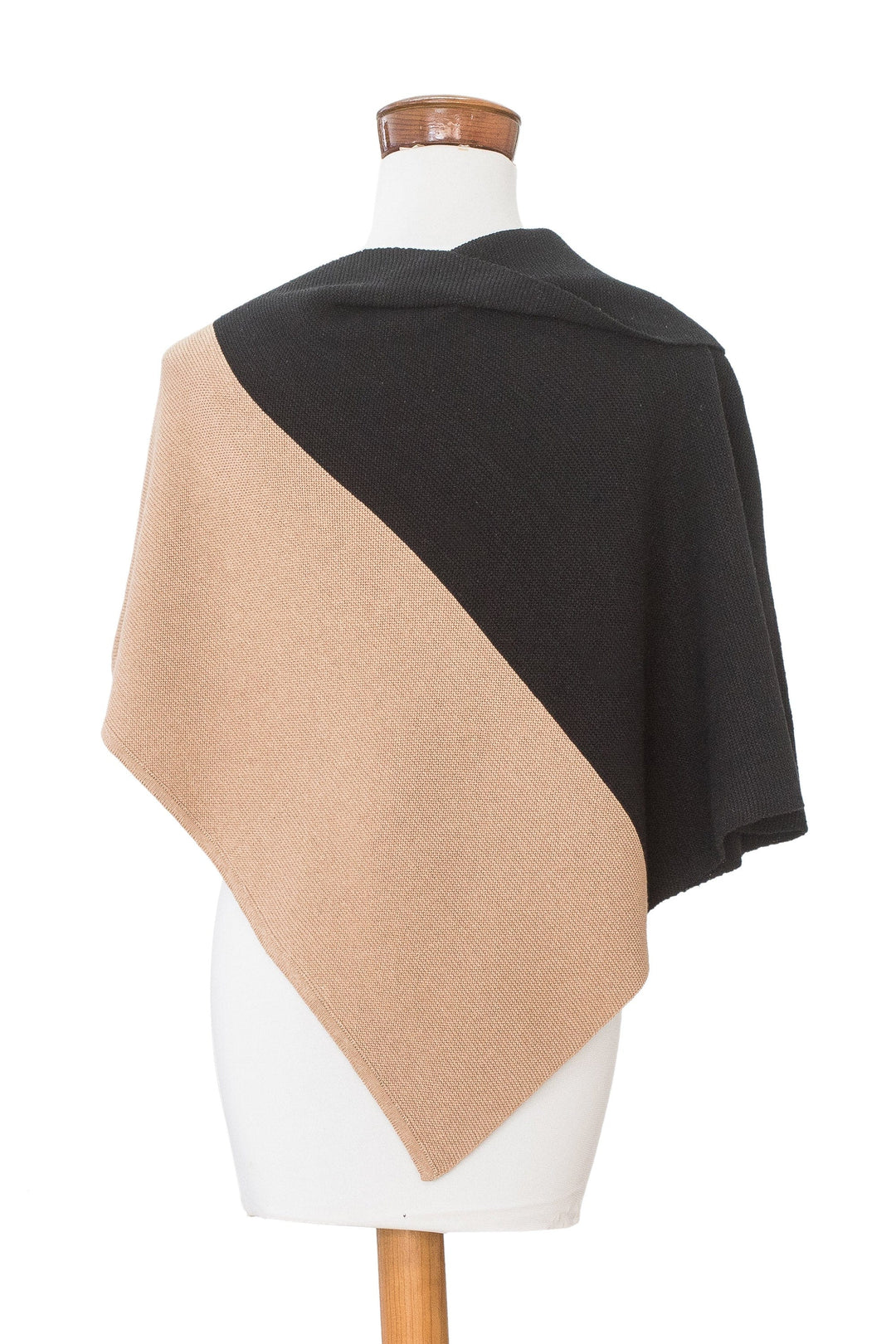 Hand-Loomed Black & Tan Cotton Poncho with Fold-Over Collar - Guatemalan Sunrise