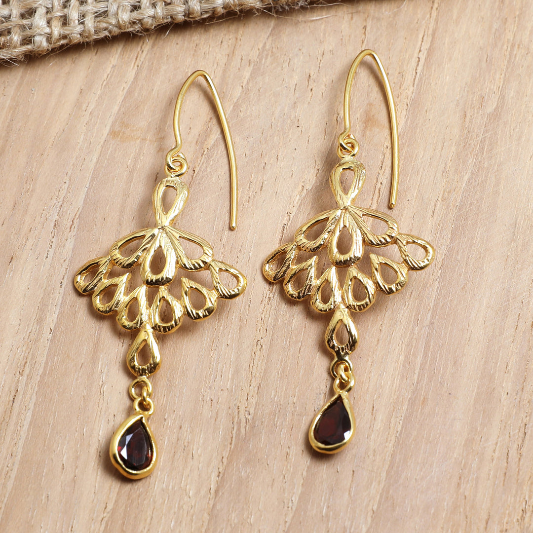 Peacock-Themed Gold-Plated Dangle Earrings with Garnet Gems - Perseverance Feathers