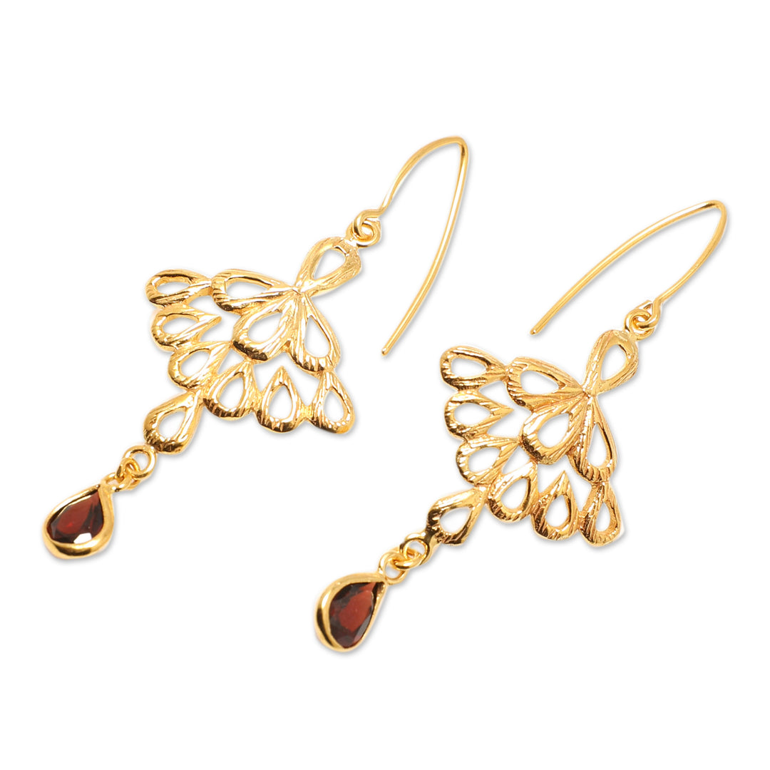 Peacock-Themed Gold-Plated Dangle Earrings with Garnet Gems - Perseverance Feathers