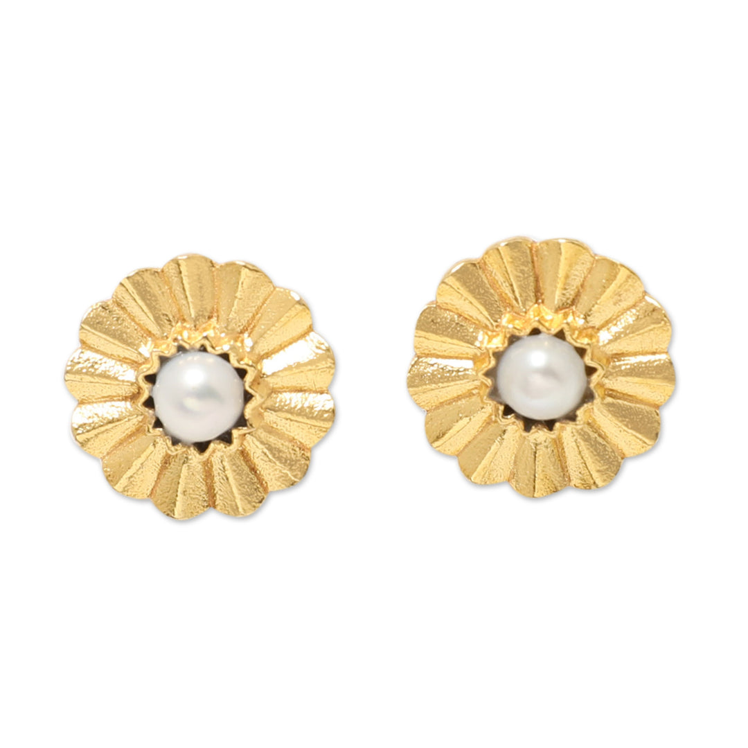 22k Gold-Plated Floral Button Earrings with Grey Pearls - Origami Bloom