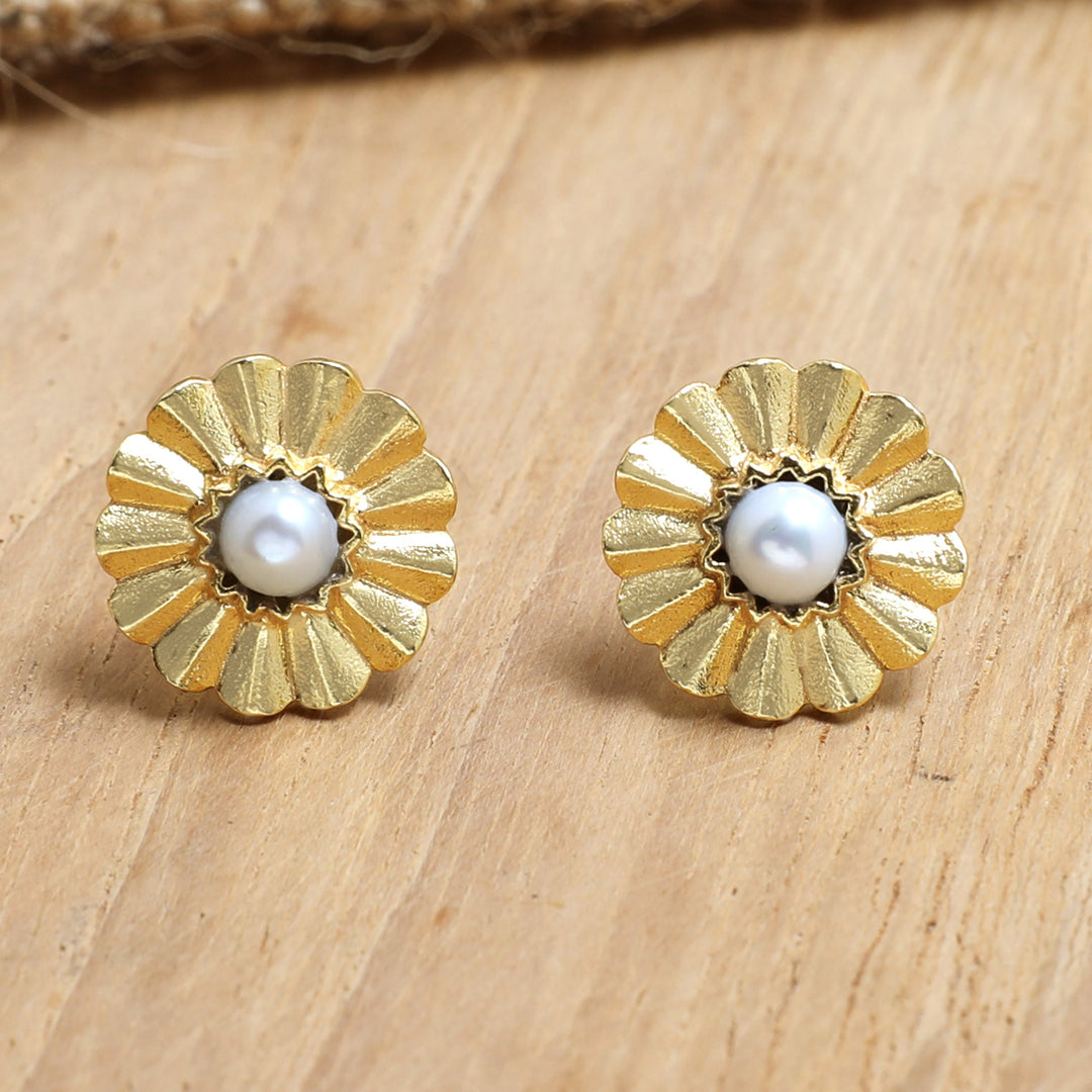22k Gold-Plated Floral Button Earrings with Grey Pearls - Origami Bloom
