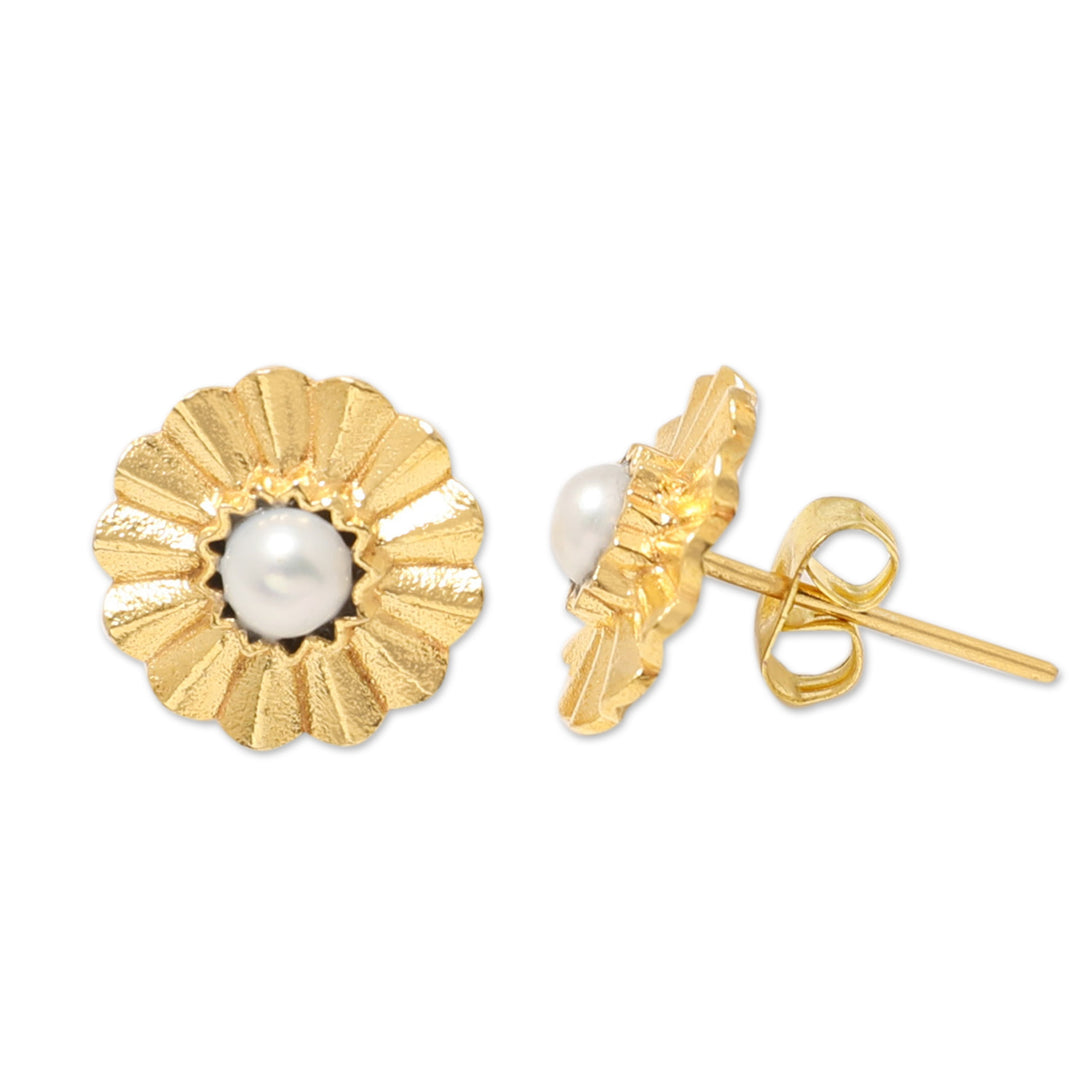 22k Gold-Plated Floral Button Earrings with Grey Pearls - Origami Bloom