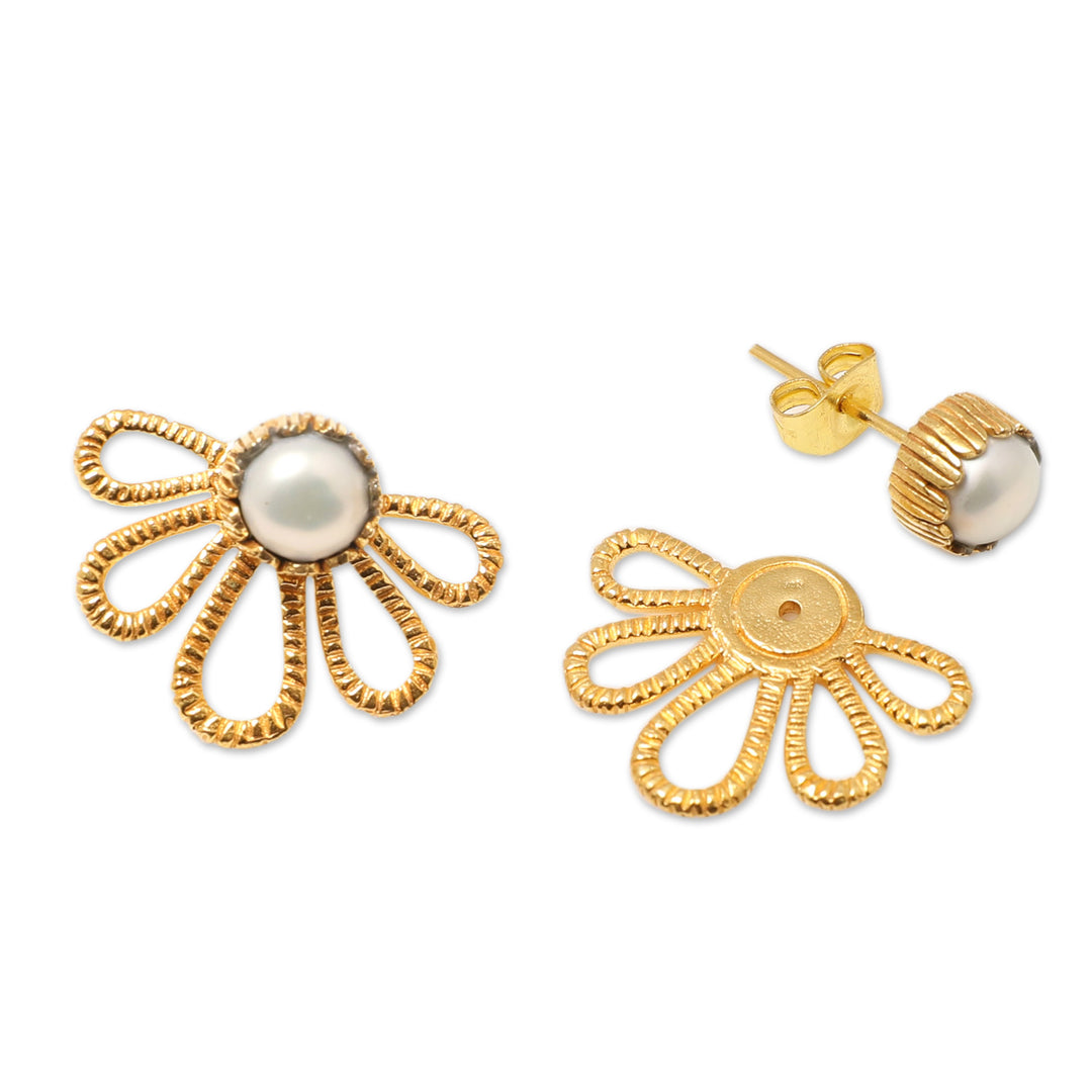 22k Gold-Plated Ear Jacket Earrings with Grey Pearls - Gianyar Altar