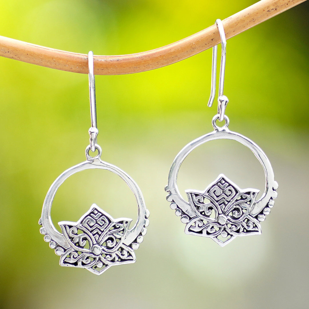 Lotus-Themed Sterling Silver Dangle Earrings Made in Bali - Lotus Pond
