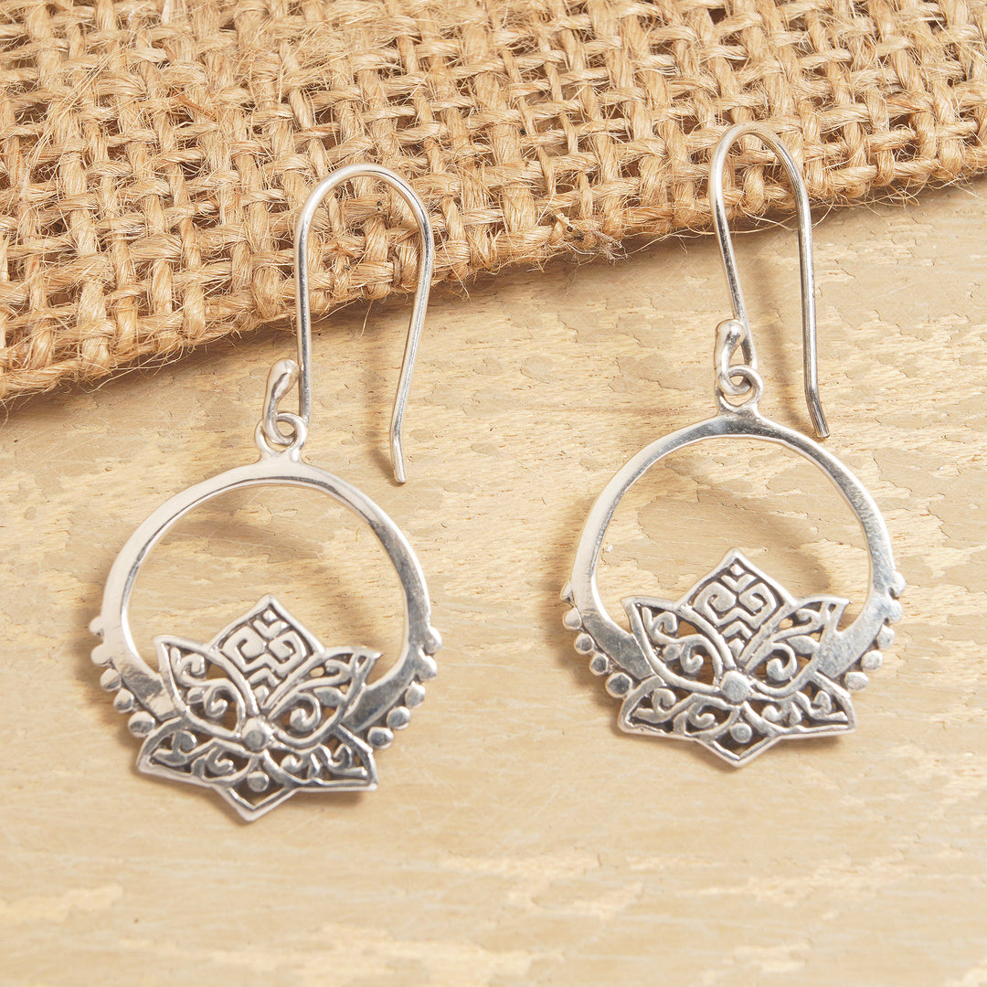 Lotus-Themed Sterling Silver Dangle Earrings Made in Bali - Lotus Pond
