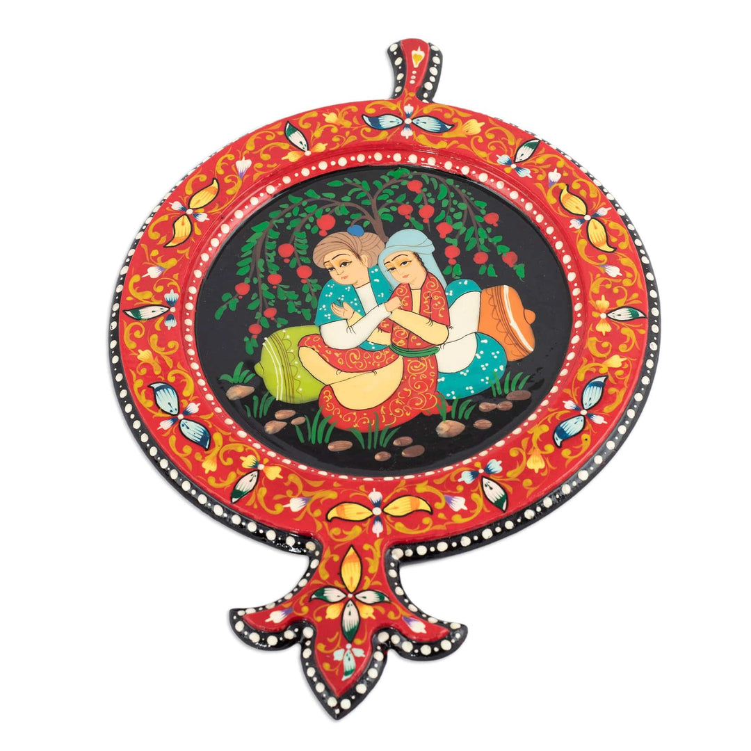 Hand-Painted Walnut Wood Wall Accent with Tender Couple - Pomegranate Lovers