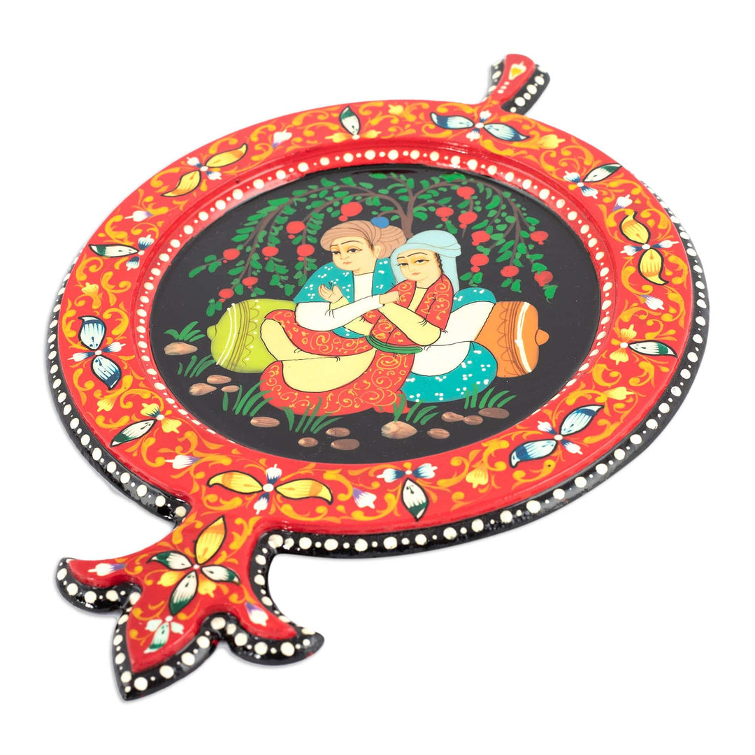 Hand-Painted Walnut Wood Wall Accent with Tender Couple - Pomegranate Lovers