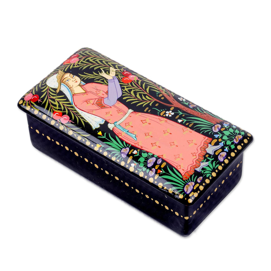 Handcrafted Painted Walnut Wood Jewelry Box from Uzbekistan - Pomegranate Blessing