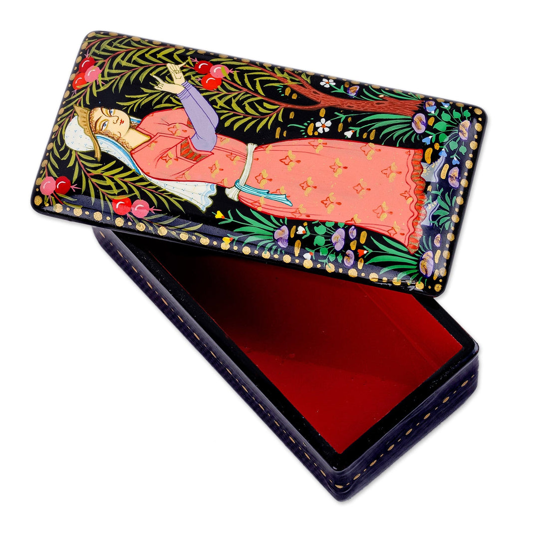 Handcrafted Painted Walnut Wood Jewelry Box from Uzbekistan - Pomegranate Blessing
