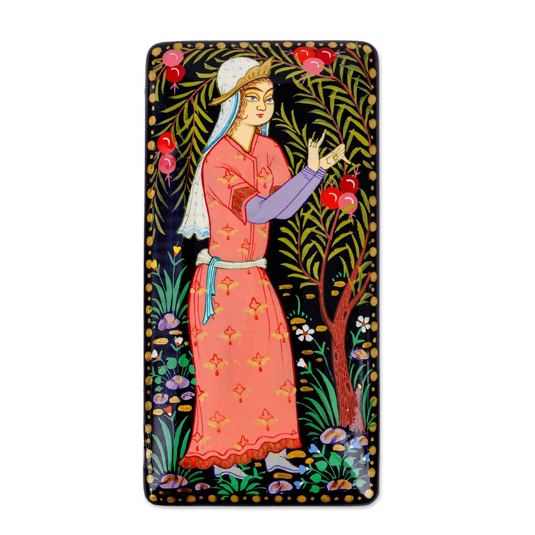 Handcrafted Painted Walnut Wood Jewelry Box from Uzbekistan - Pomegranate Blessing