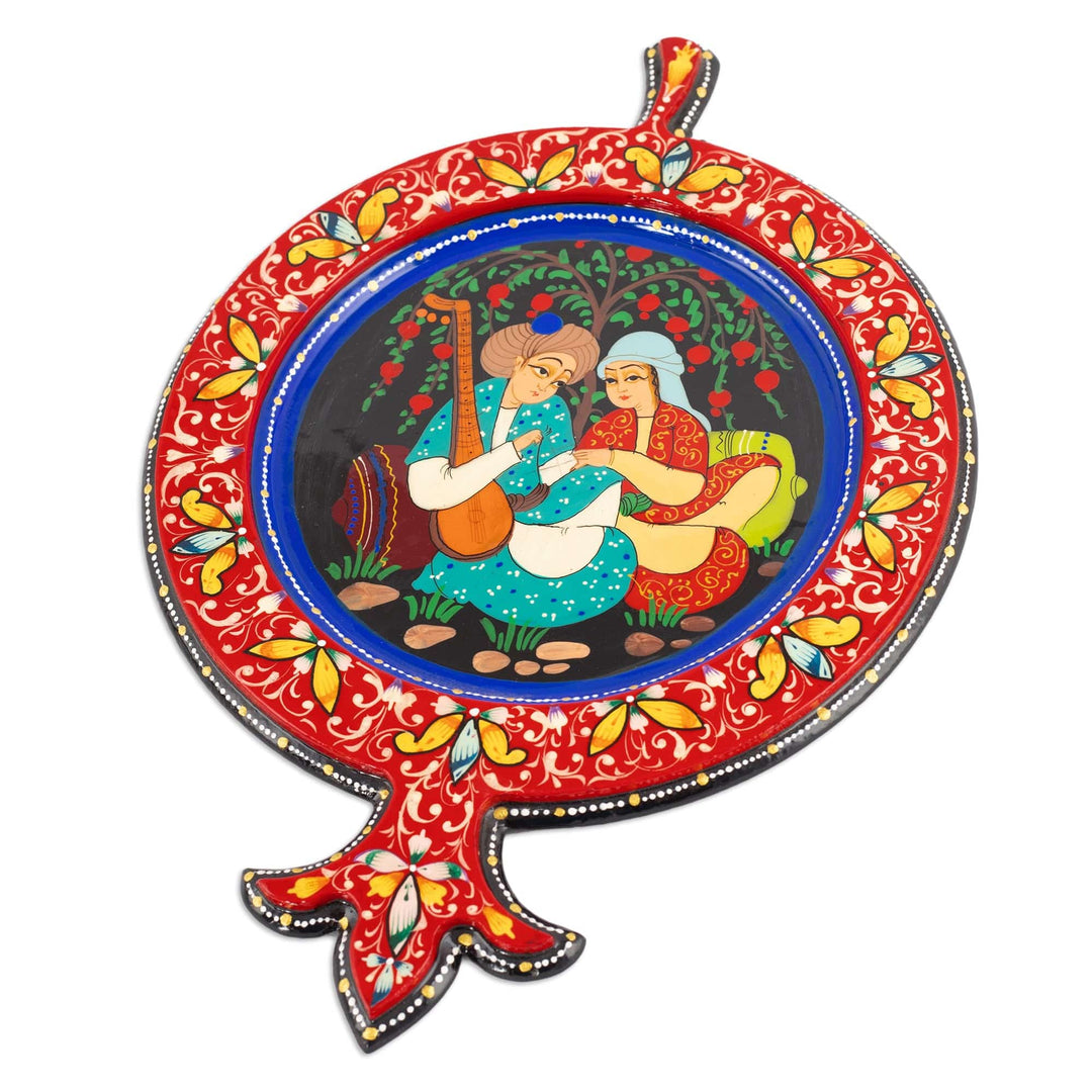 Hand-Painted Walnut Wood Wall Accent with Romantic Couple - Pomegranate Romance