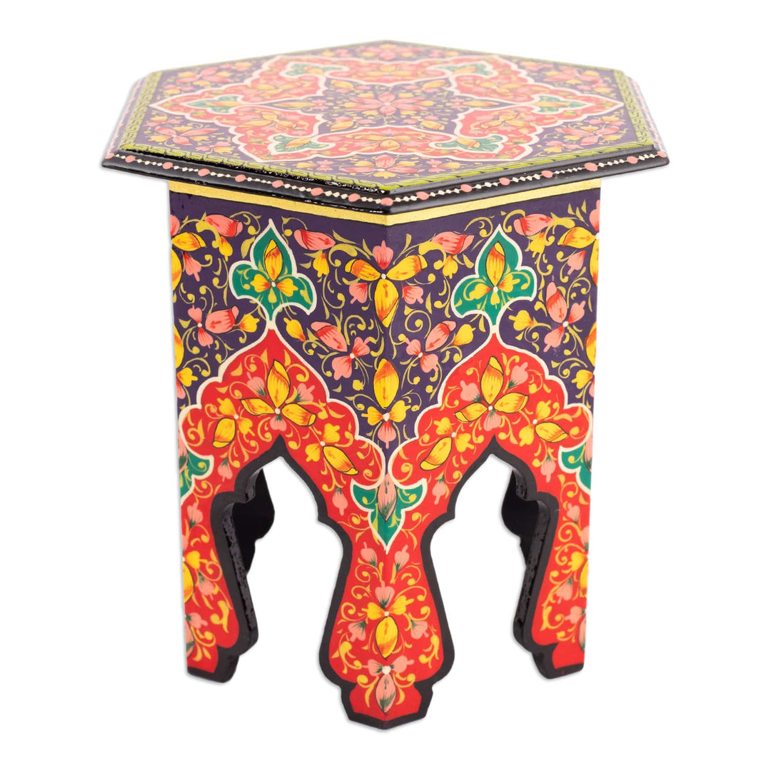 Handcrafted Floral Walnut Wood Jewelry Box in Red and Purple - Namangan Garden