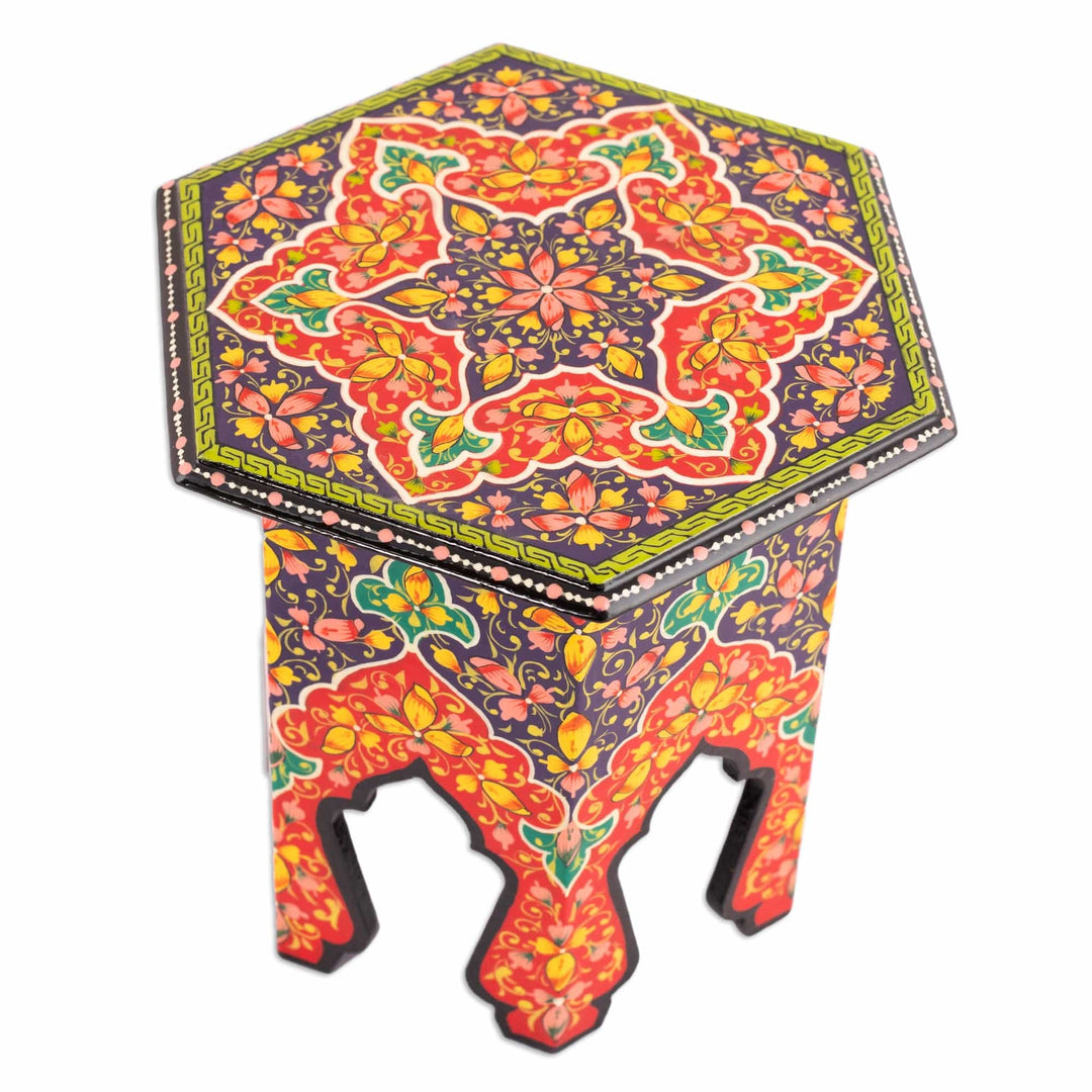 Handcrafted Floral Walnut Wood Jewelry Box in Red and Purple - Namangan Garden