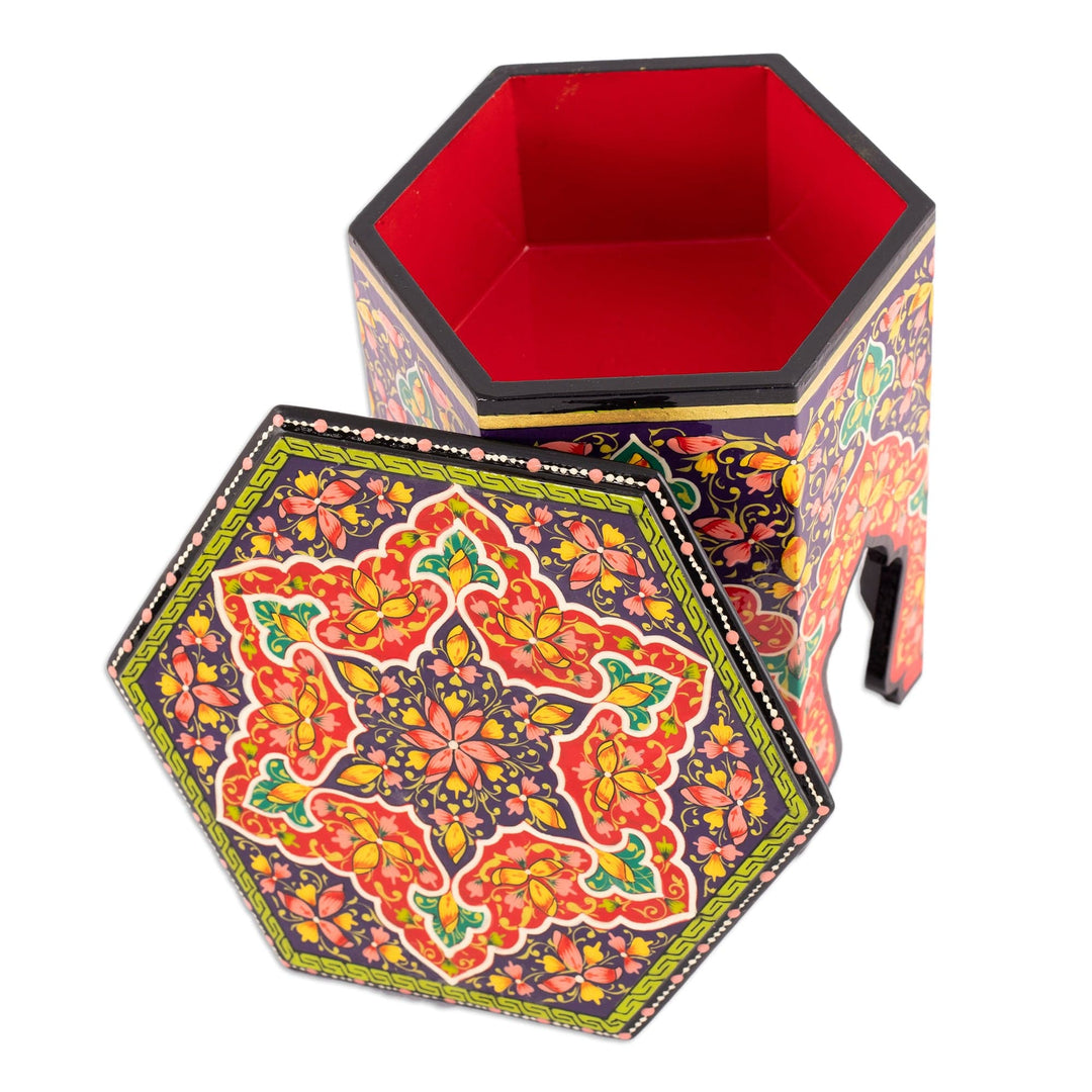 Handcrafted Floral Walnut Wood Jewelry Box in Red and Purple - Namangan Garden