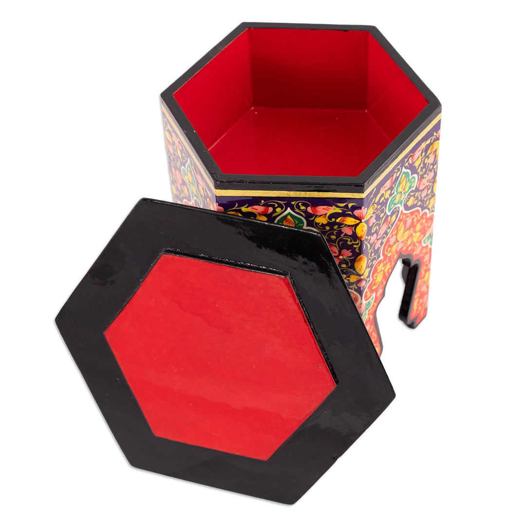 Handcrafted Floral Walnut Wood Jewelry Box in Red and Purple - Namangan Garden