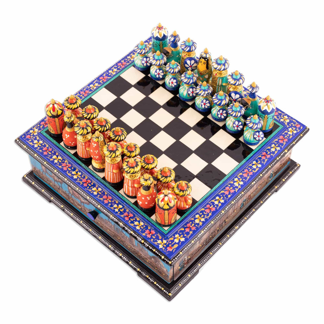 Purple Floral Walnut Wood Chess Set with Desert Scene - Luxurious Days in Bukhara
