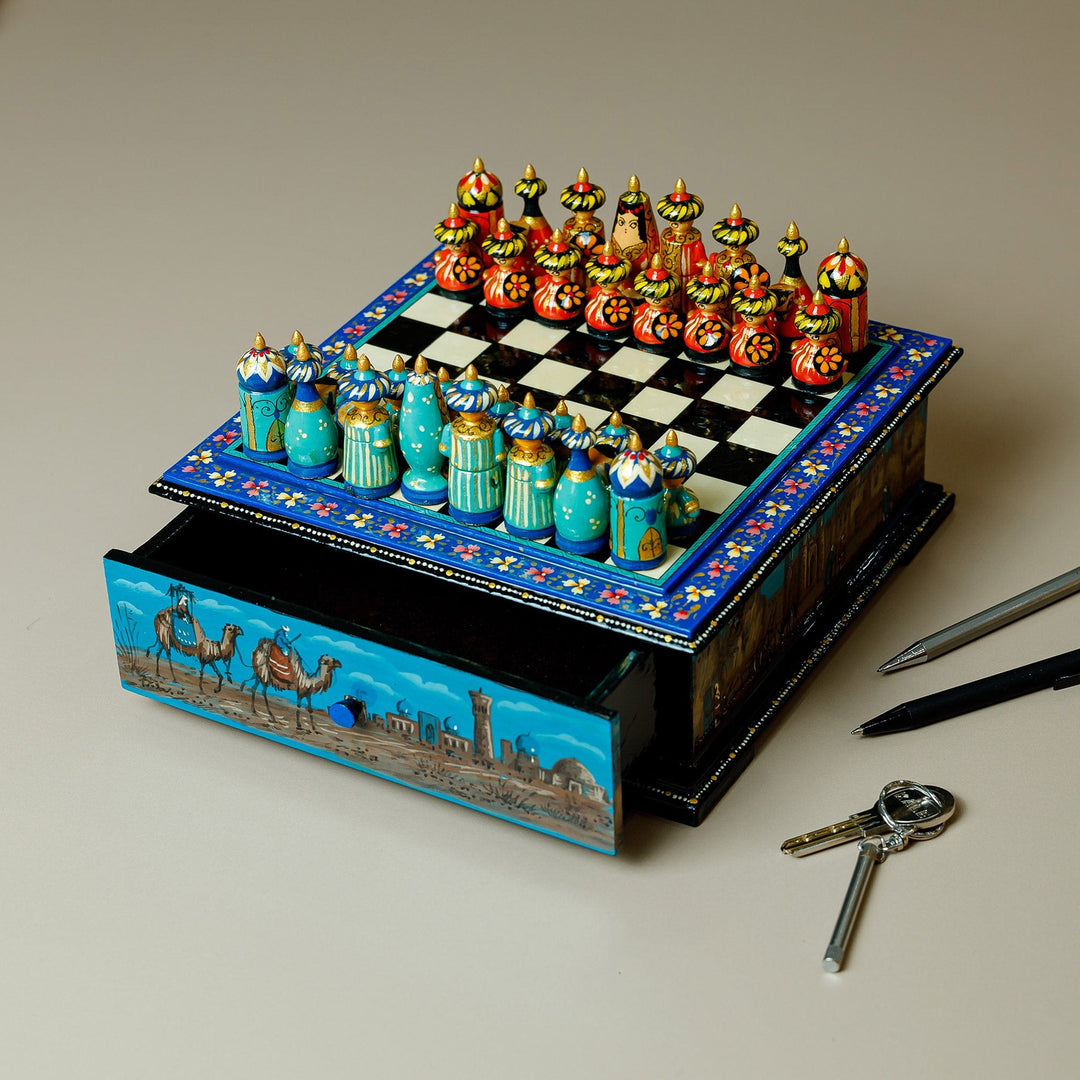 Purple Floral Walnut Wood Chess Set with Desert Scene - Luxurious Days in Bukhara
