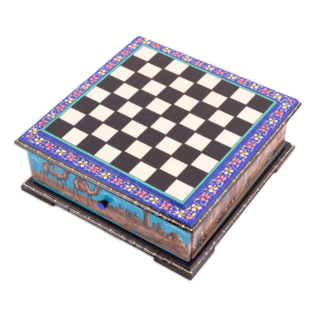 Purple Floral Walnut Wood Chess Set with Desert Scene - Luxurious Days in Bukhara
