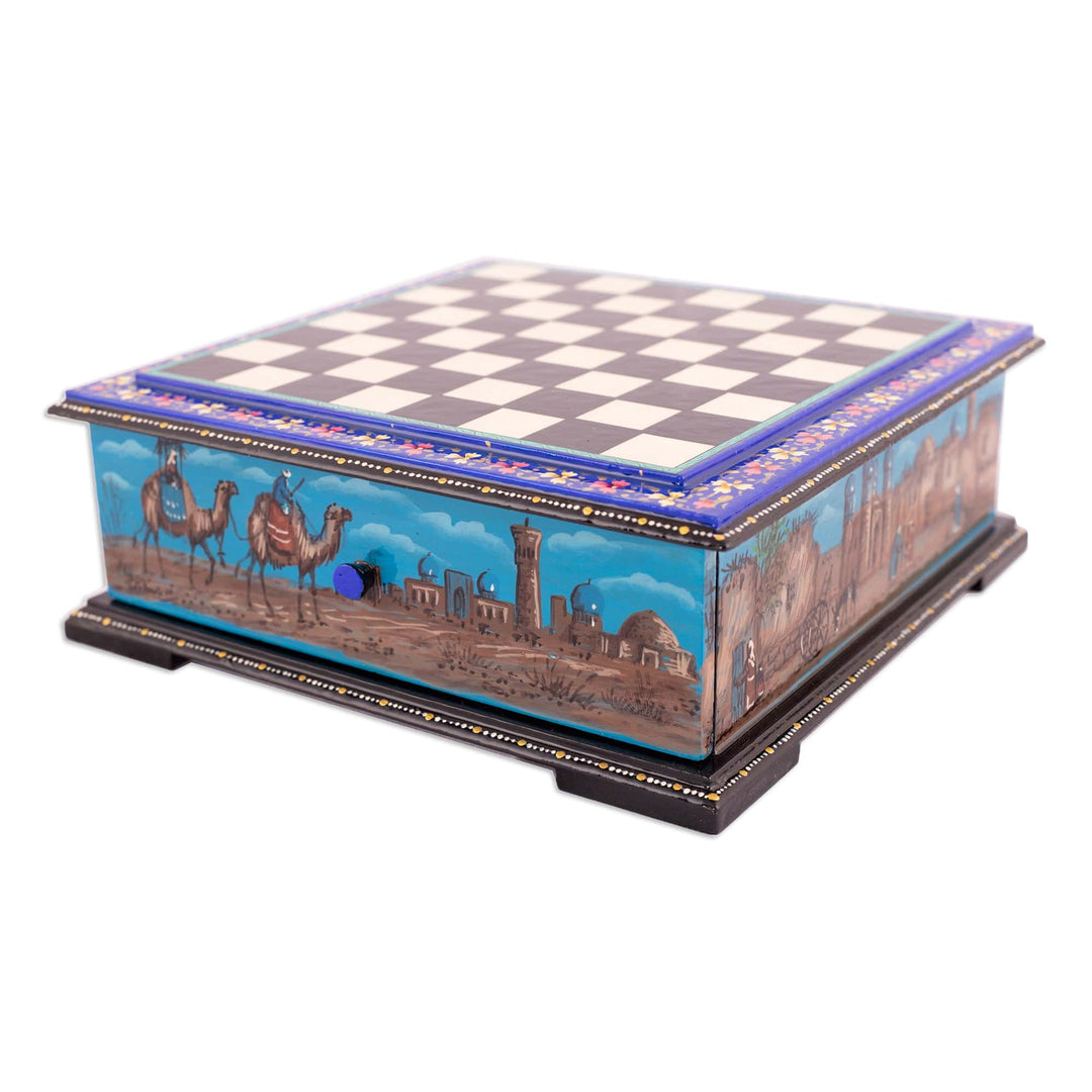 Purple Floral Walnut Wood Chess Set with Desert Scene - Luxurious Days in Bukhara