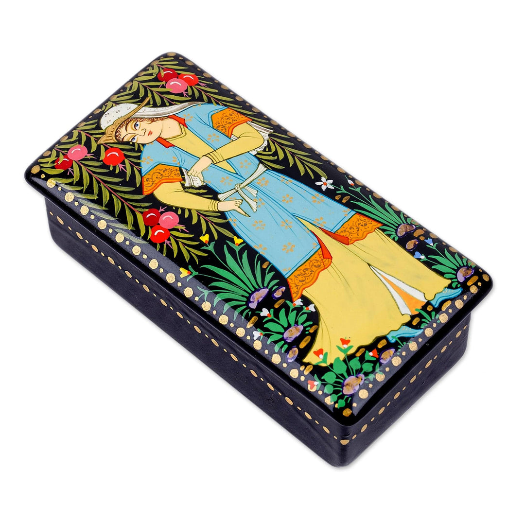 Handmade Painted Walnut Wood Jewelry Box from Uzbekistan - Pomegranate Beauty