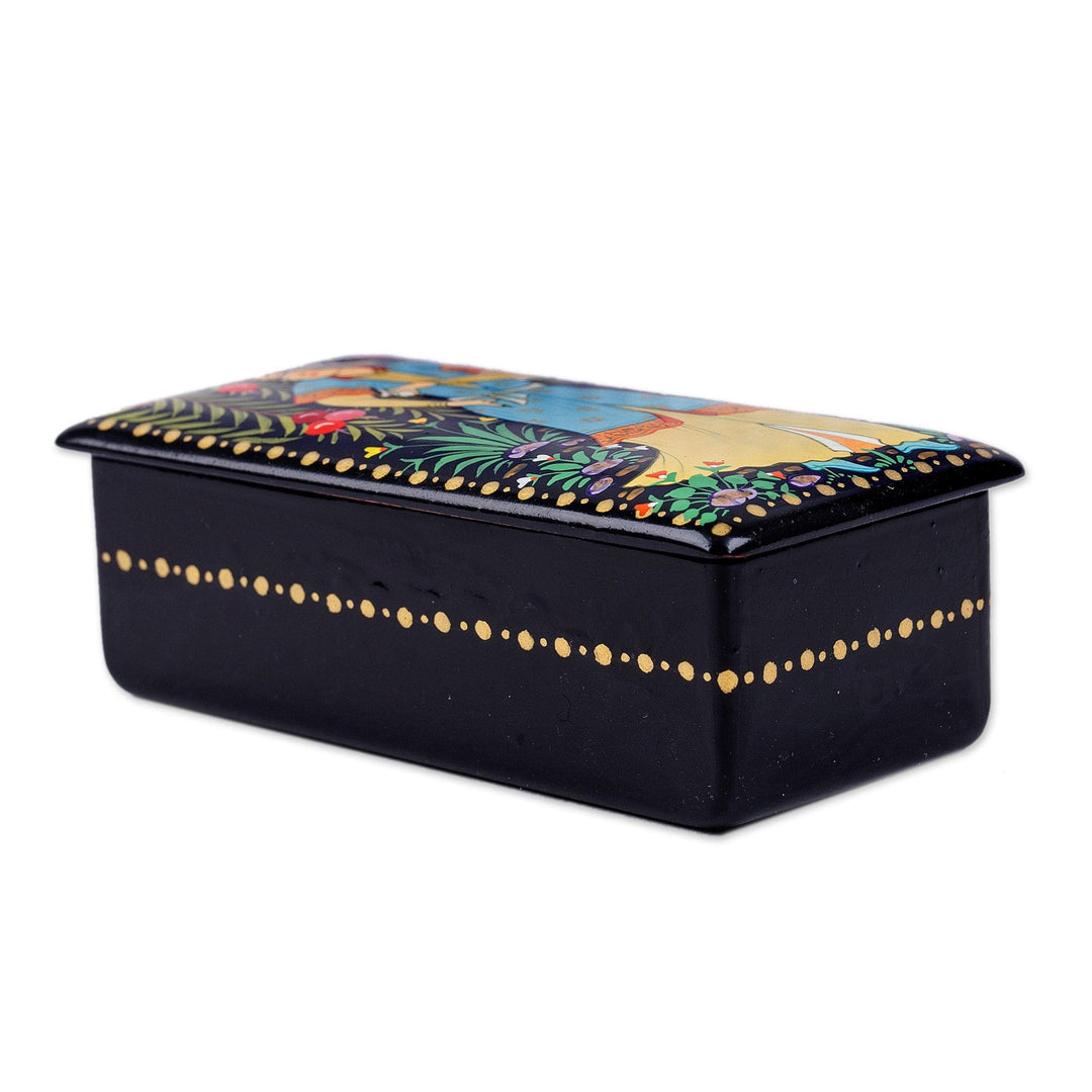 Handmade Painted Walnut Wood Jewelry Box from Uzbekistan - Pomegranate Beauty