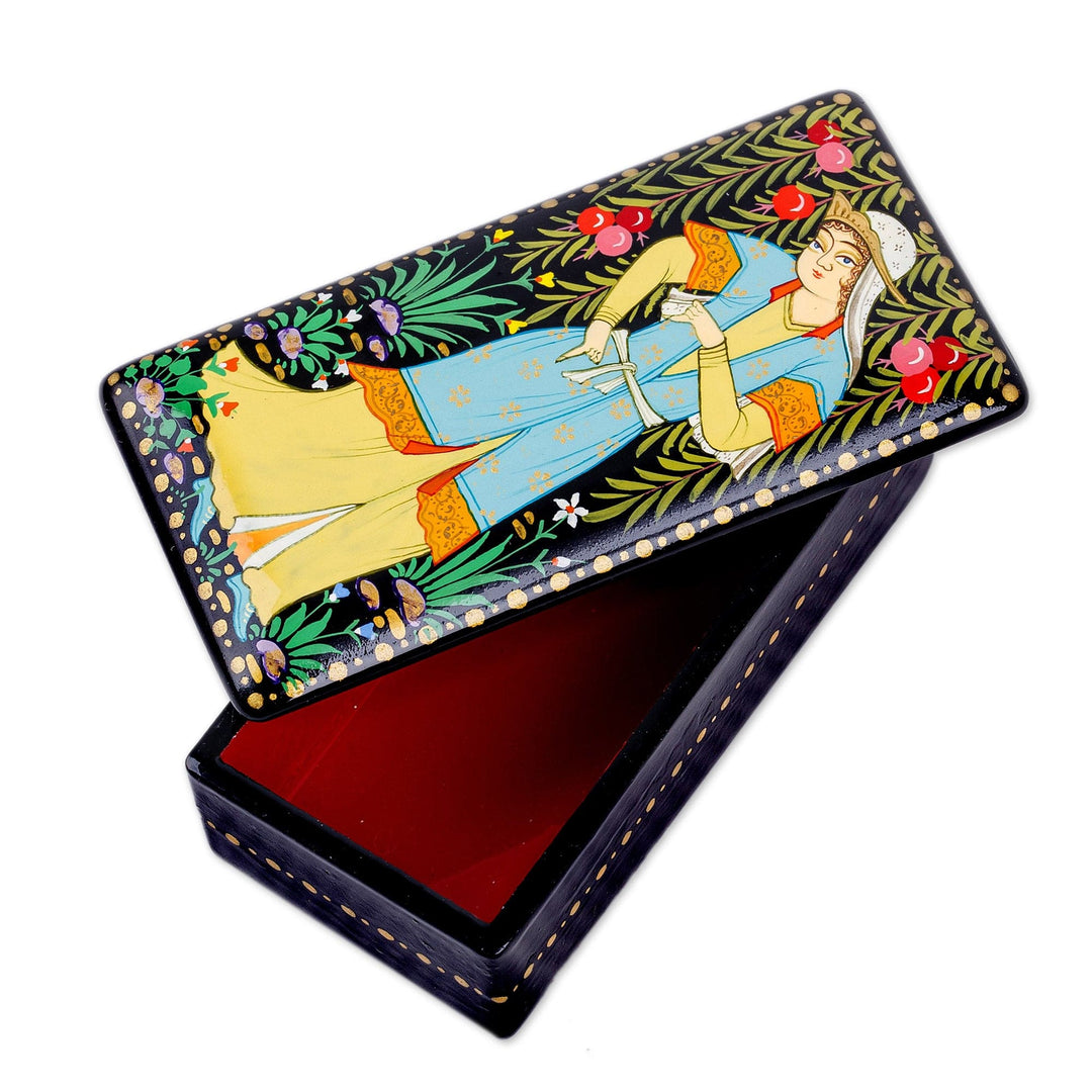 Handmade Painted Walnut Wood Jewelry Box from Uzbekistan - Pomegranate Beauty