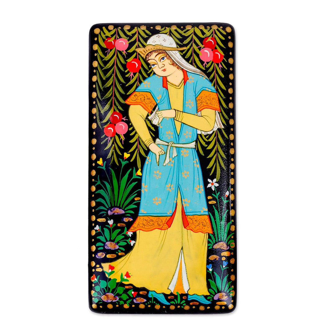 Handmade Painted Walnut Wood Jewelry Box from Uzbekistan - Pomegranate Beauty