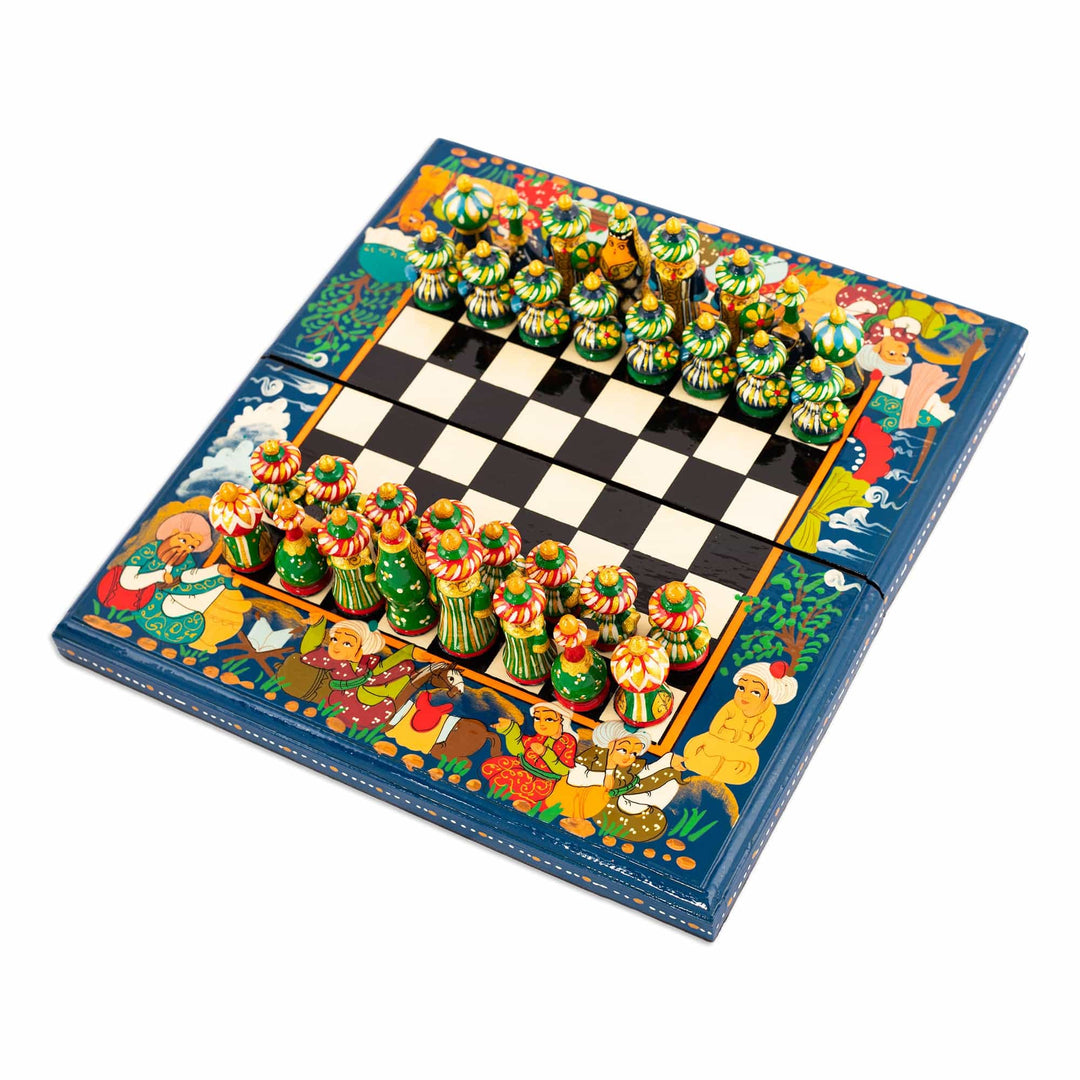 Handcrafted Painted Walnut Wood Chess Set in Teal - Teal Bukhara Folklore