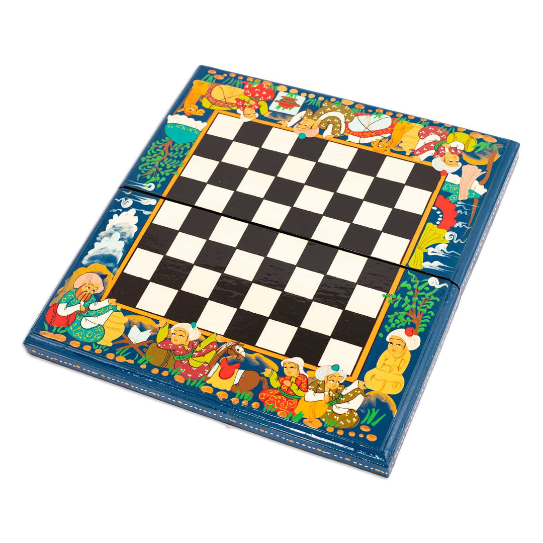 Handcrafted Painted Walnut Wood Chess Set in Teal - Teal Bukhara Folklore