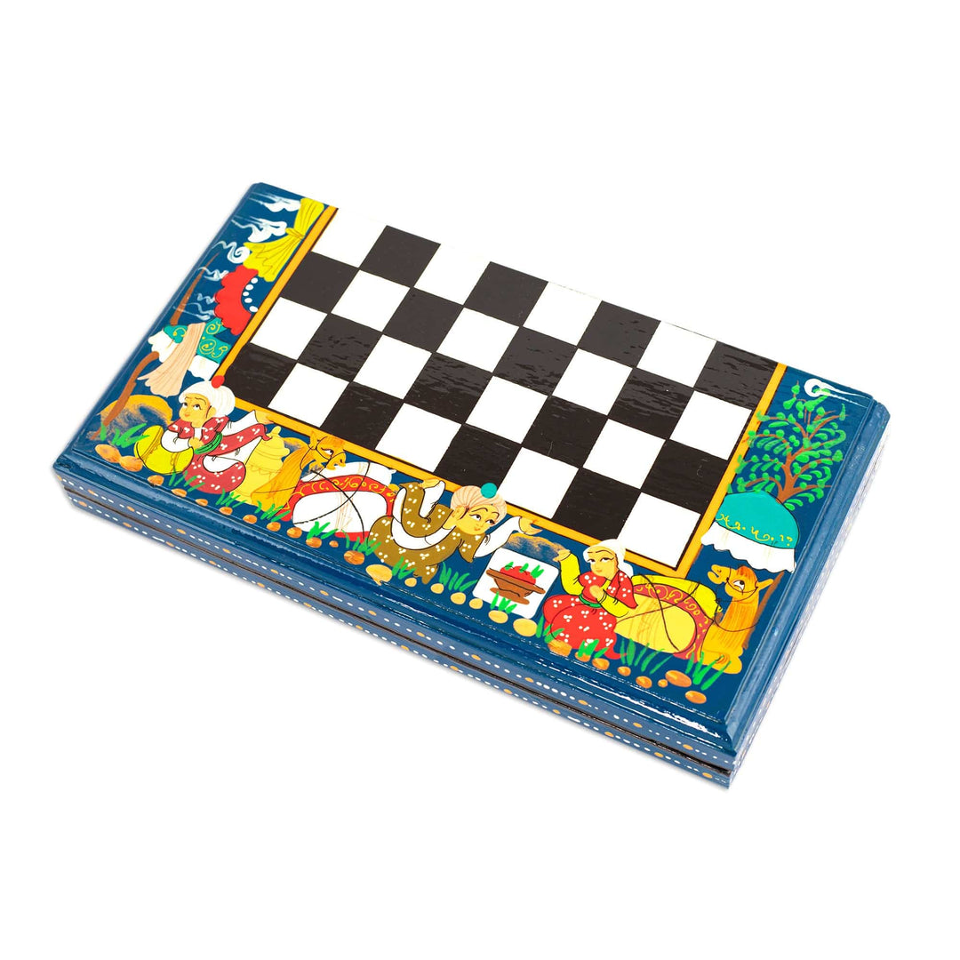 Handcrafted Painted Walnut Wood Chess Set in Teal - Teal Bukhara Folklore