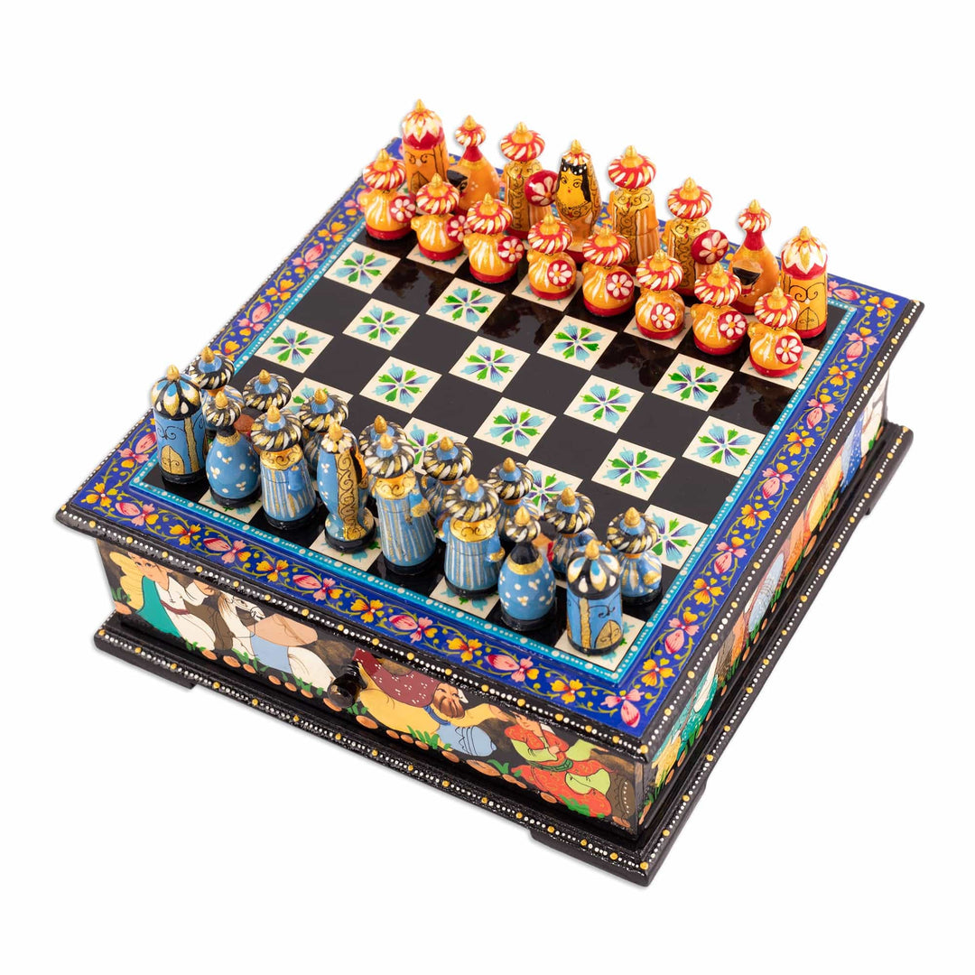 Hand-Painted Floral Traditional Walnut Wood Chess Set - Bukhara's Blue Celebration