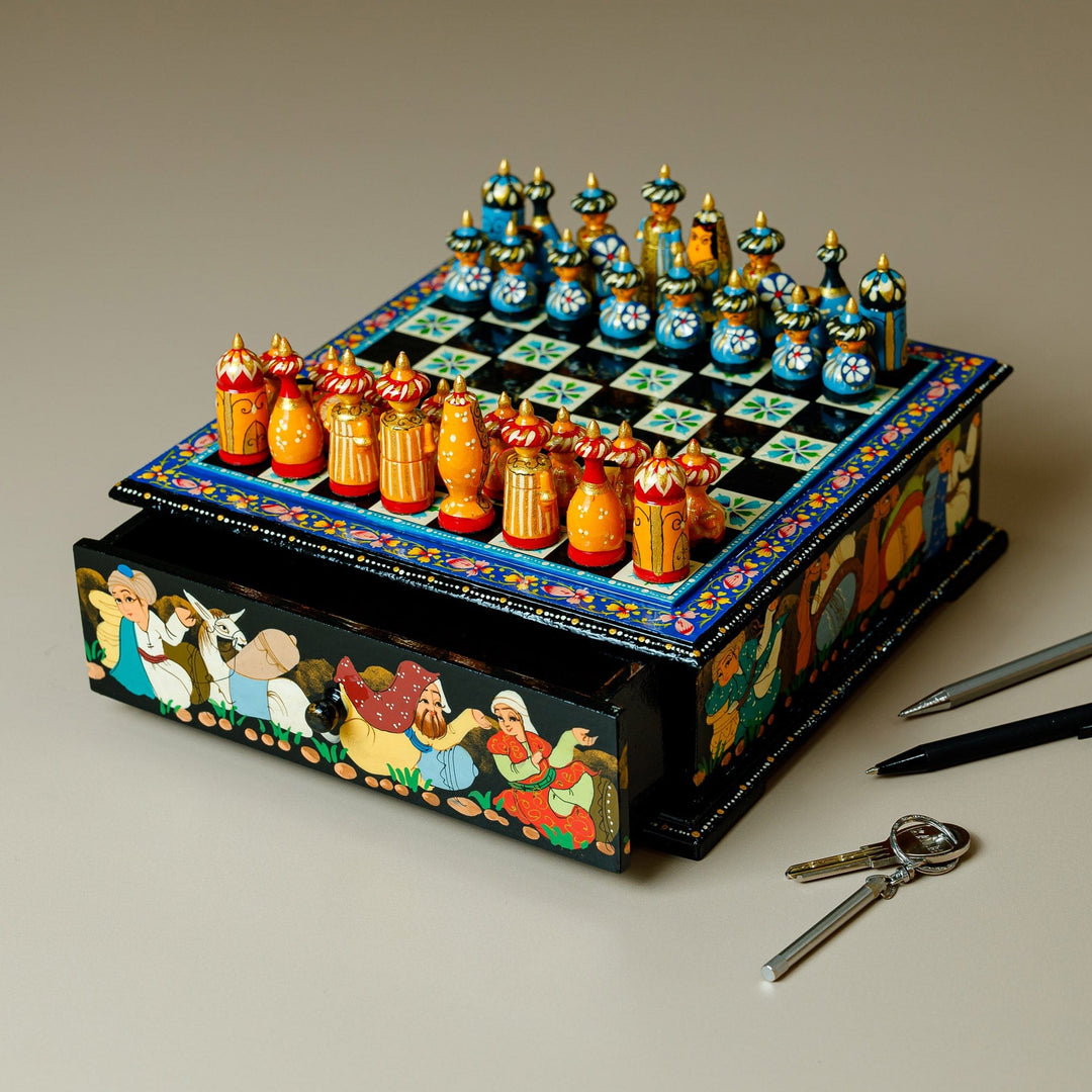 Hand-Painted Floral Traditional Walnut Wood Chess Set - Bukhara's Blue Celebration