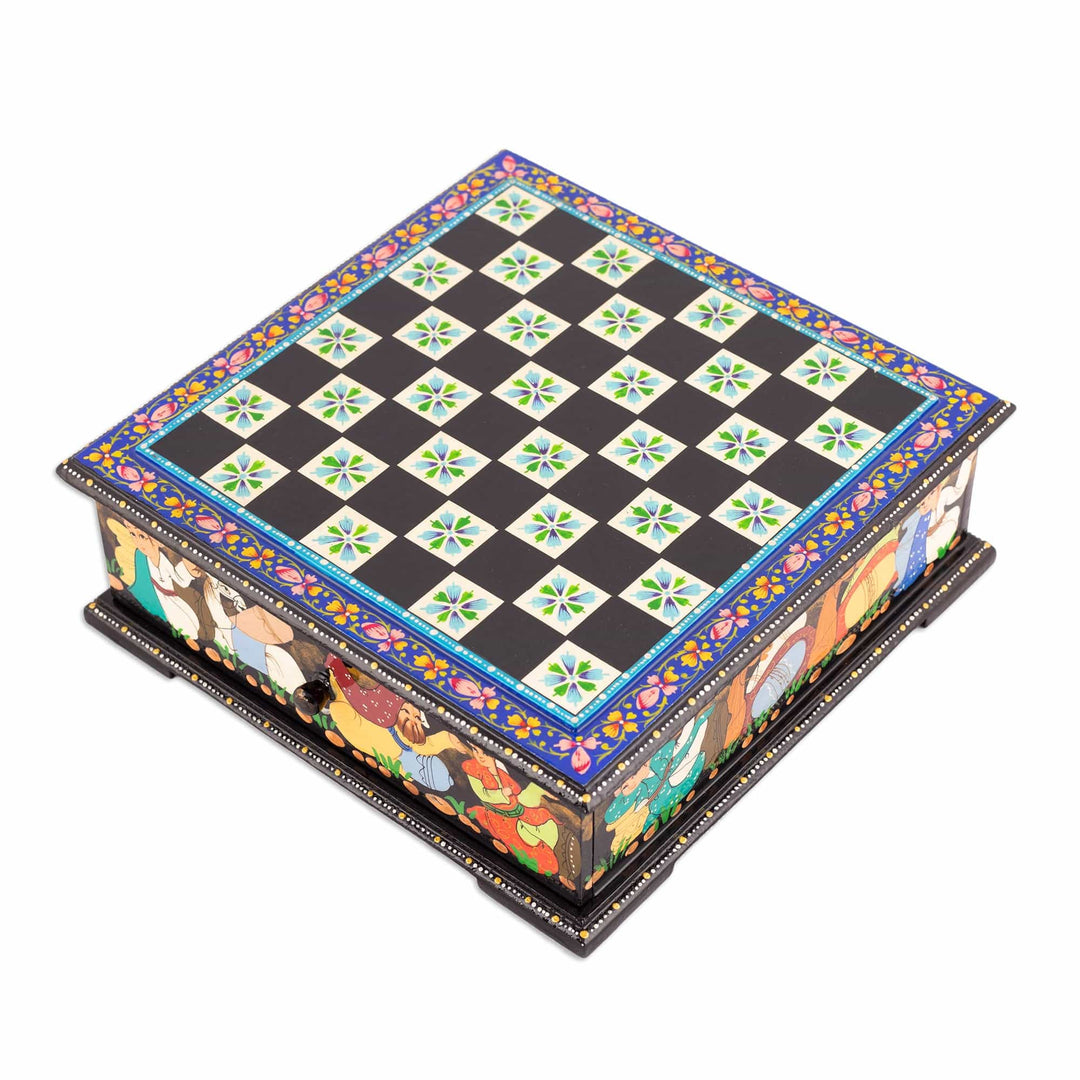 Hand-Painted Floral Traditional Walnut Wood Chess Set - Bukhara's Blue Celebration