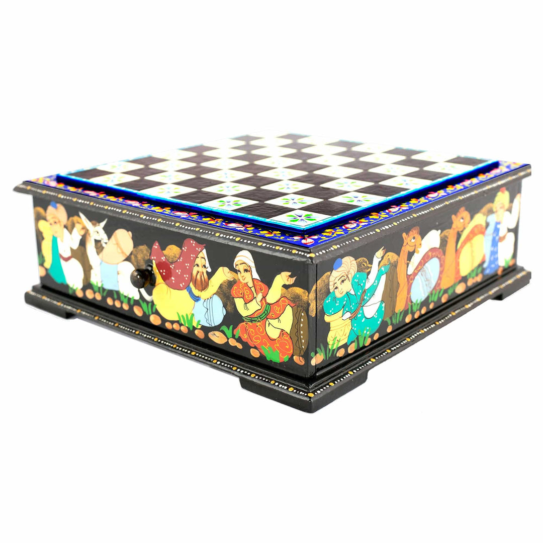 Hand-Painted Floral Traditional Walnut Wood Chess Set - Bukhara's Blue Celebration