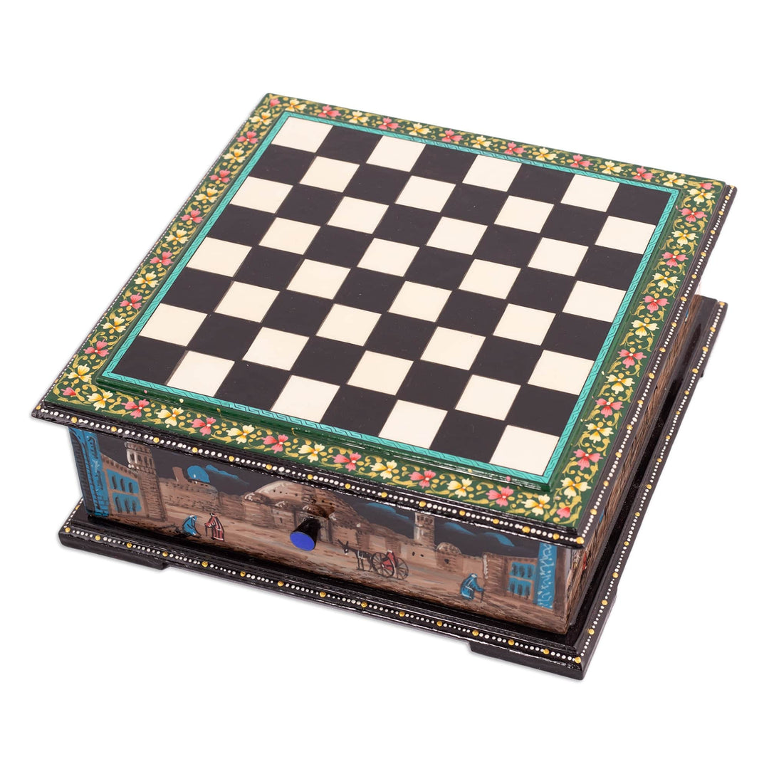 Green Floral Walnut Wood Chess Set with Desert Scene - Green Days in Bukhara