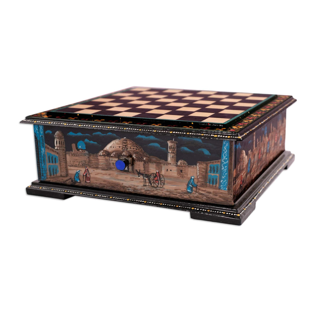 Green Floral Walnut Wood Chess Set with Desert Scene - Green Days in Bukhara