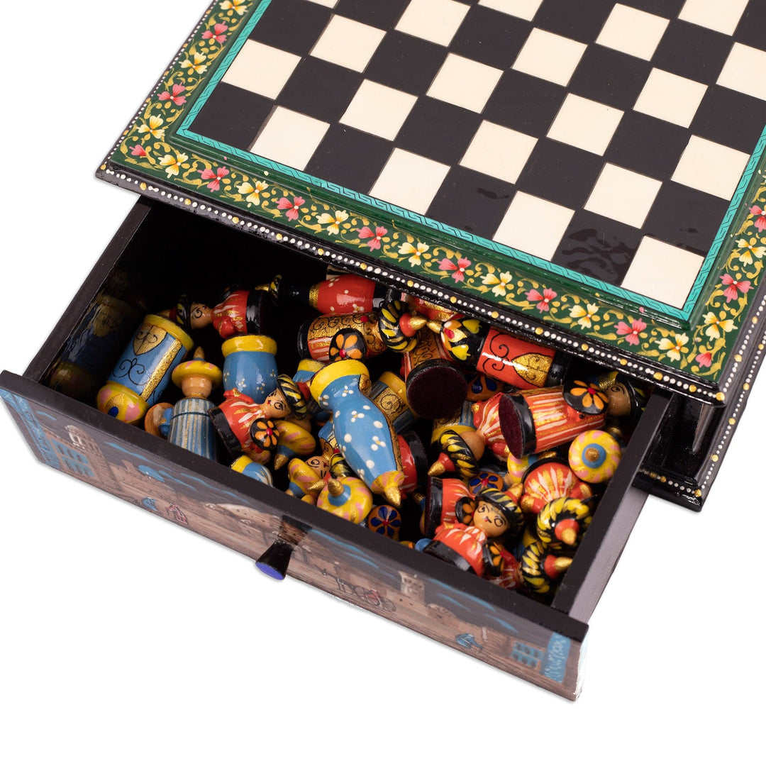 Green Floral Walnut Wood Chess Set with Desert Scene - Green Days in Bukhara
