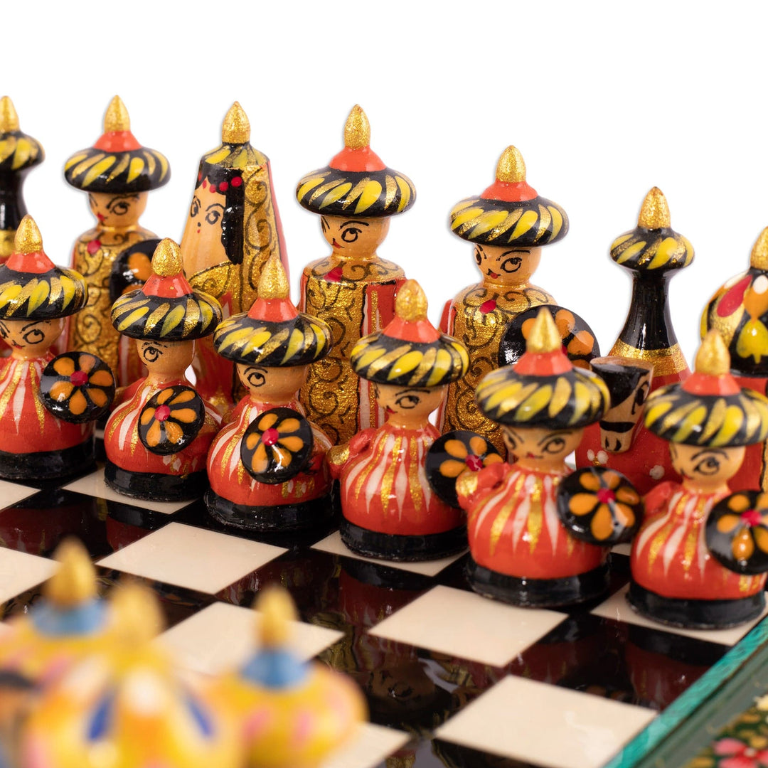 Green Floral Walnut Wood Chess Set with Desert Scene - Green Days in Bukhara