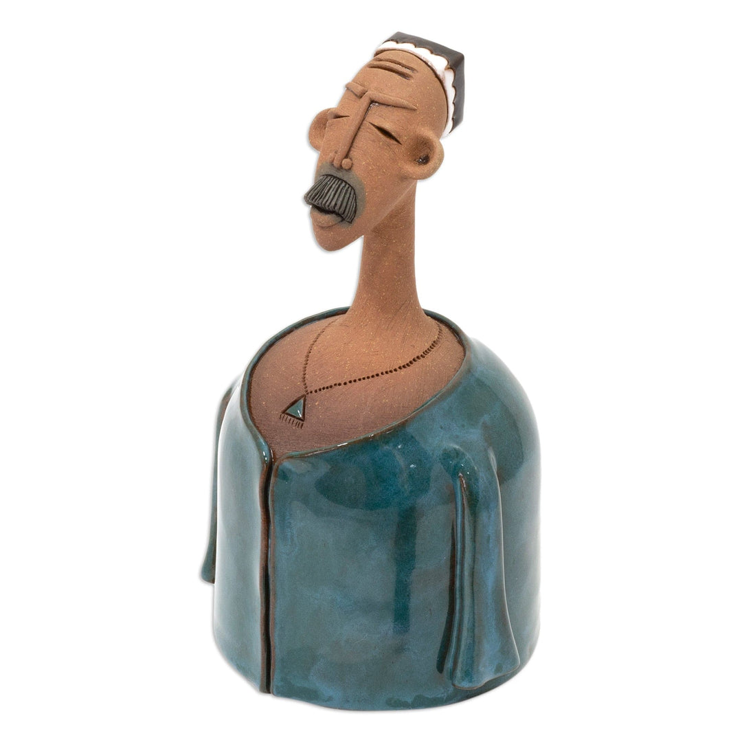 Man-Shaped Decorative Ceramic Bell Made & Painted by Hand - Man in Teal